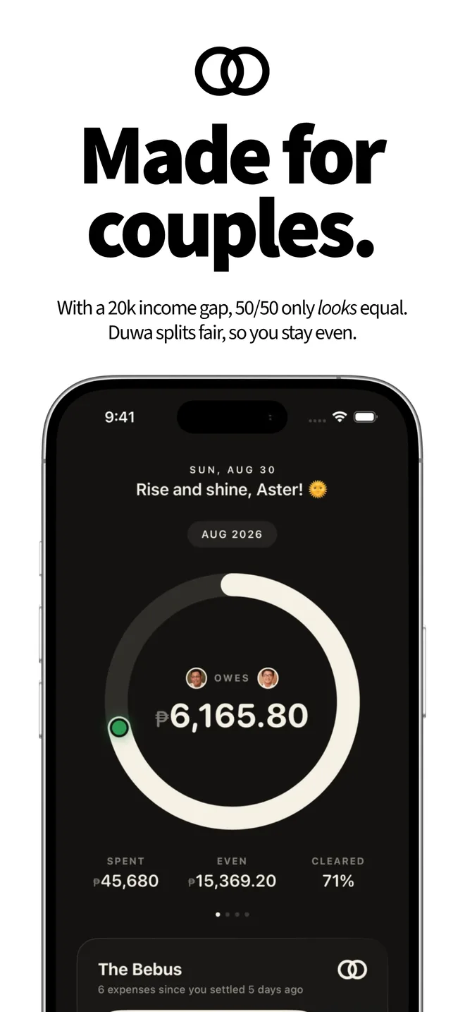 Made for couples. With a 20k income gap, 50/50 only looks equal. Duwa splits fair, so you stay even.