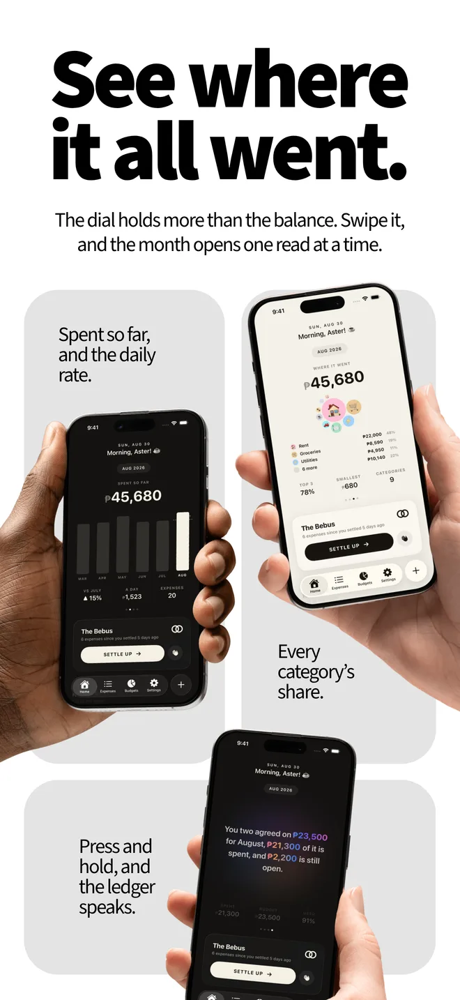See where it all went. The dial holds more than the balance. Swipe it, and the month opens one read at a time.